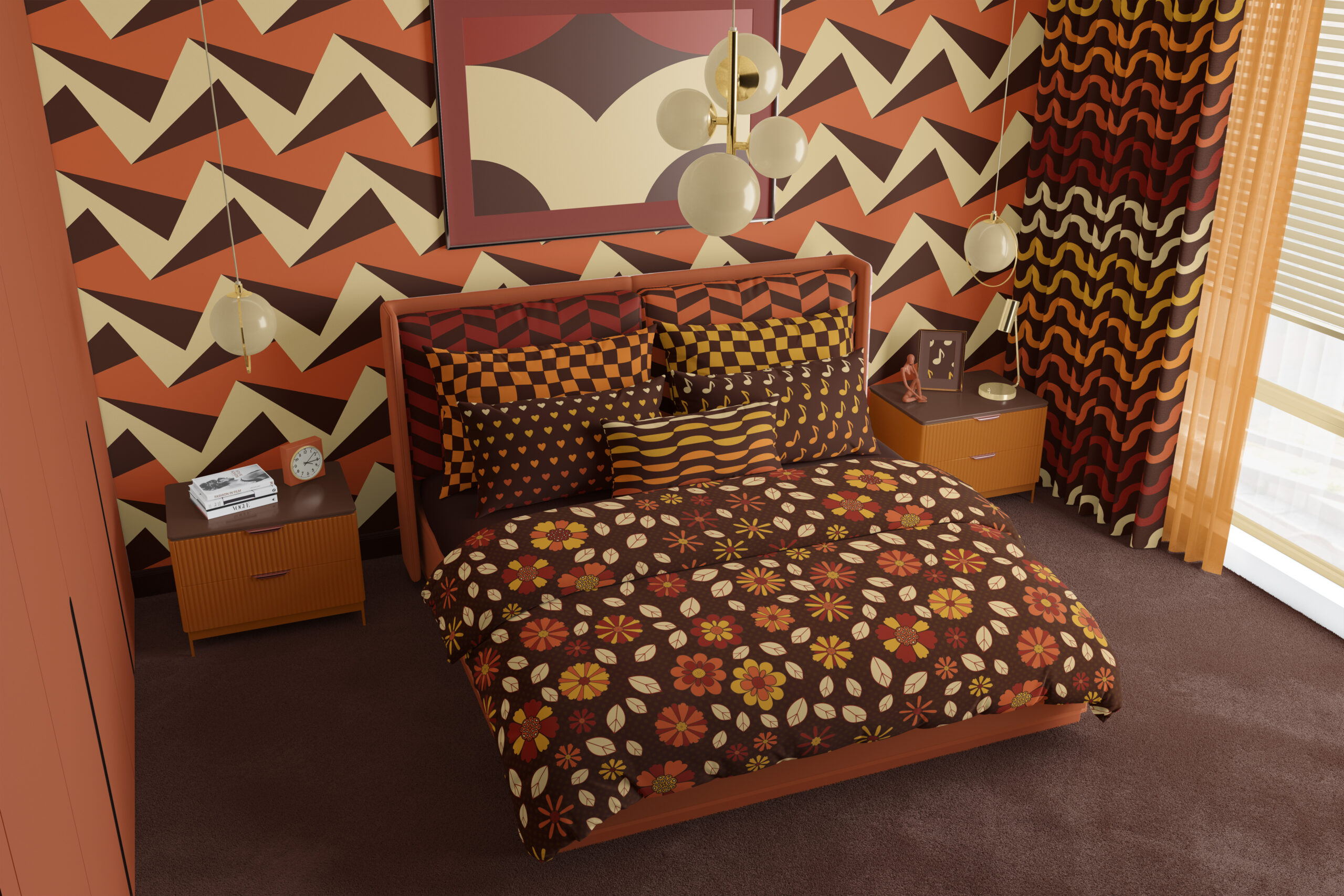 Dark brown moody bedroom in the typical 1970s style.
The floor is covered with a dark brown carpet. The wall behind the bed has a wallpaper with a bold 3D zigzag pattern in beige, brown and orange. The curtains are in dark brown and have geometric wavese in shades of red, orange and beige.
The bedding is in dark brown combined with orange, mustard yellow, ruby red and beige. You can find geometric flowers and foliage on the duvet cover. The pillows have several different patterns: chevron, distorted checkerboards, music notes, hearts,and abstract semicircle waves.
It is a quite moody retro 1970s bedroom.