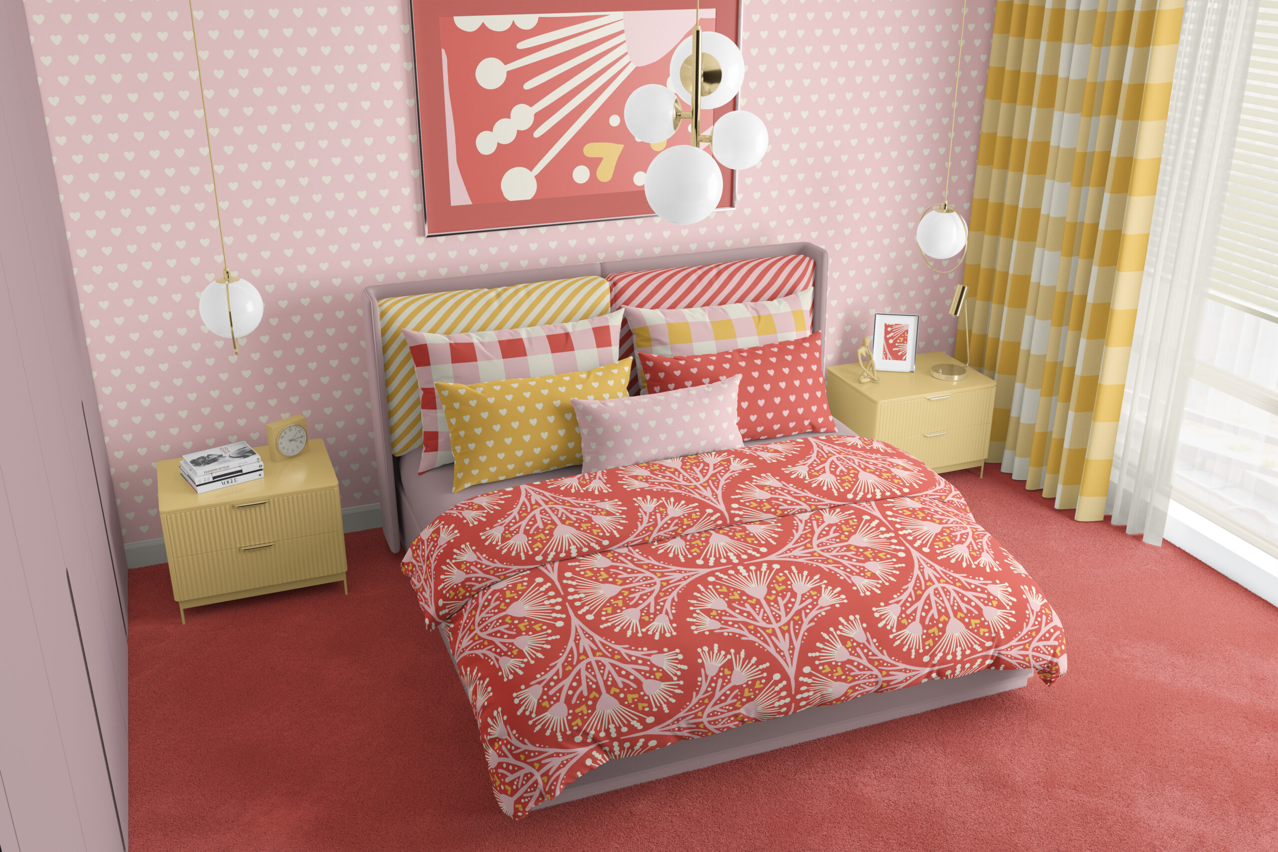 Romantic feminine bedroom in pink, red and yellow. The floor has a warm red carpet and the walls are decorated with a soft pink wallpaper with little beige white hearts.
the bedding is red with a geometric non-directional flower pattern. The pillows have pink, red, yellow and beige white patterns: gingham, hearts and diagonal stripes. The curtains have a warm yellow, white gingham check pattern.