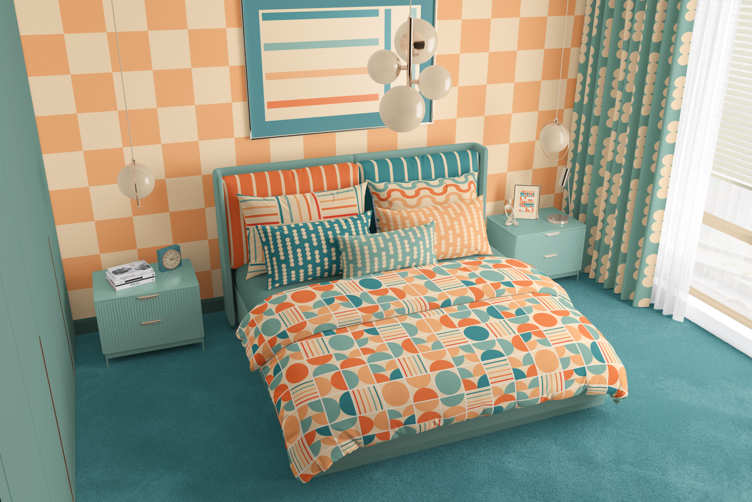 Bedroom in muted masculine vintage shades of blue, orange and beige white. The floor has a dusty teal green blue carpet. The wall behind the bed is decorated with a soft orange beige checkered wallpaper. The curtains are teal blue green with beige dots. The beding has geometric patterns like stripes, dots, waves, lines and circles in shades of teal green blue, orange and beige. It is a sporty masculine retro bedroom.