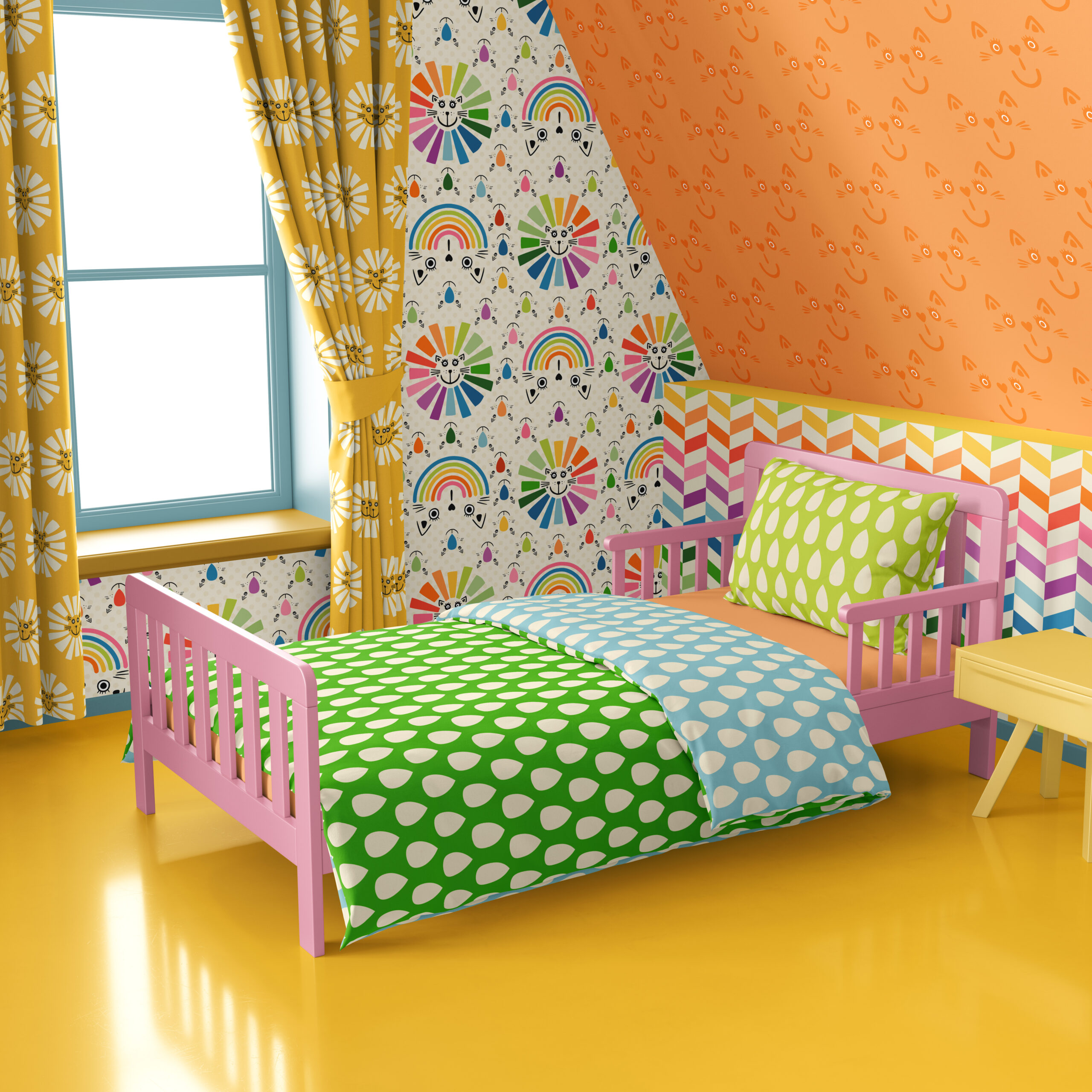 Kid's bedroom with yellow floor, pink bed and an orange wall with cat faces on the wallpaper. The other wall is decorated with a wallpaper with a surrealistic cate sun and rainbow motif in happy retro colours on vintage beige white. The curtains are in a warm yellow and have black and white laughing sun cat faces on it. The bedding is in bold grass green, light blue and lime green and has bold handdrawn beige raindrops on it.