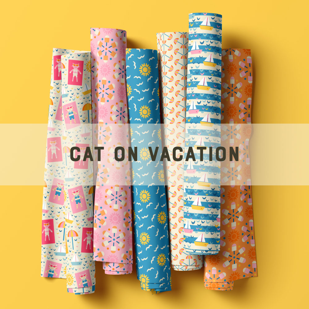 Preview for the "Cat on vacation" pattern collection.
Happy cats with sunglasses at the beach.
Bold ice lollies arranged in circles with abstract suns.
Abstract birds and suns on a sky blue.
Parasols in geometric patterns.
Sailing boats and waves on beige and white stripes.
 
