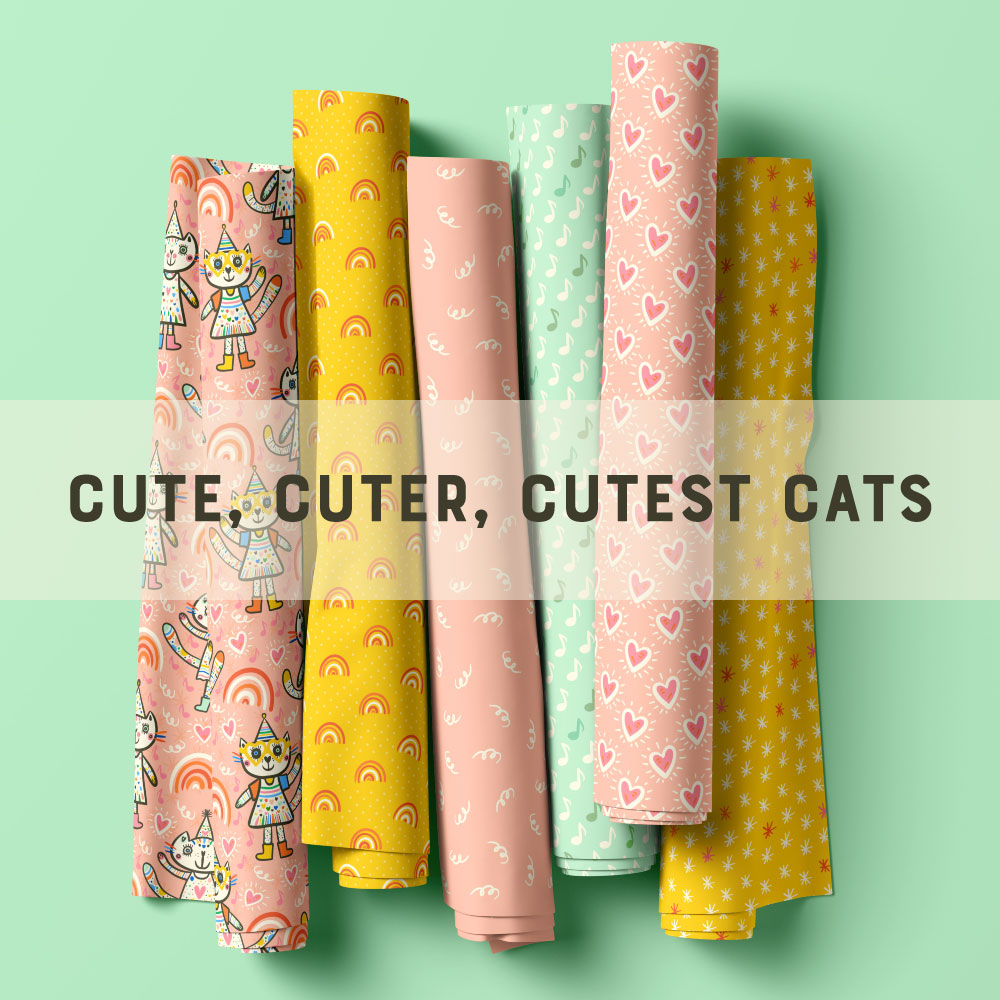 Preview for the "Cut, cuter, cutest cat" pattern collection.
Handdrawn super cute party cats with rainbows, hearts and music notes on a pastel peach background.
Little orange, red and beige white rainbows on a warm yellow dotted background.
Beige white swirls on pastel peach pink.
Green and beige white music notes on pastel mint green.
Hand drawn pink hearts with white outlinen on peach pink.
Hand drawn beige white and orange little stars on warm yellow.