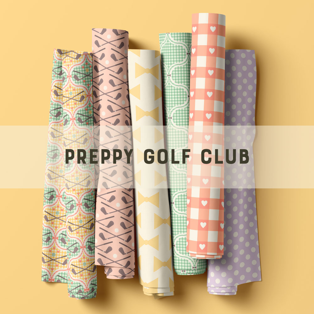 Collection preview "Preppy Golf". Rolls with different patterns presented on a warm pastel yellow background. Pattern has a bold ogee pattern with crossed brown golf clubs and balls on a yellow, soft mint green and vintage beige white checkered background. Pattern two has crossed brown golf clubs and beige white balls on a soft peach pink background. Pattern three has soft pastel yellow bow ties on a beige background. Pattern four is a ogee pattern filled with mint green and beige white checks and decorated with little brown bow ties. Pattern five is a soft peach pink and retro white gingham check pattern with hearts. Pattern 6 are simple beige polka dots on a kitschy lillac purple.