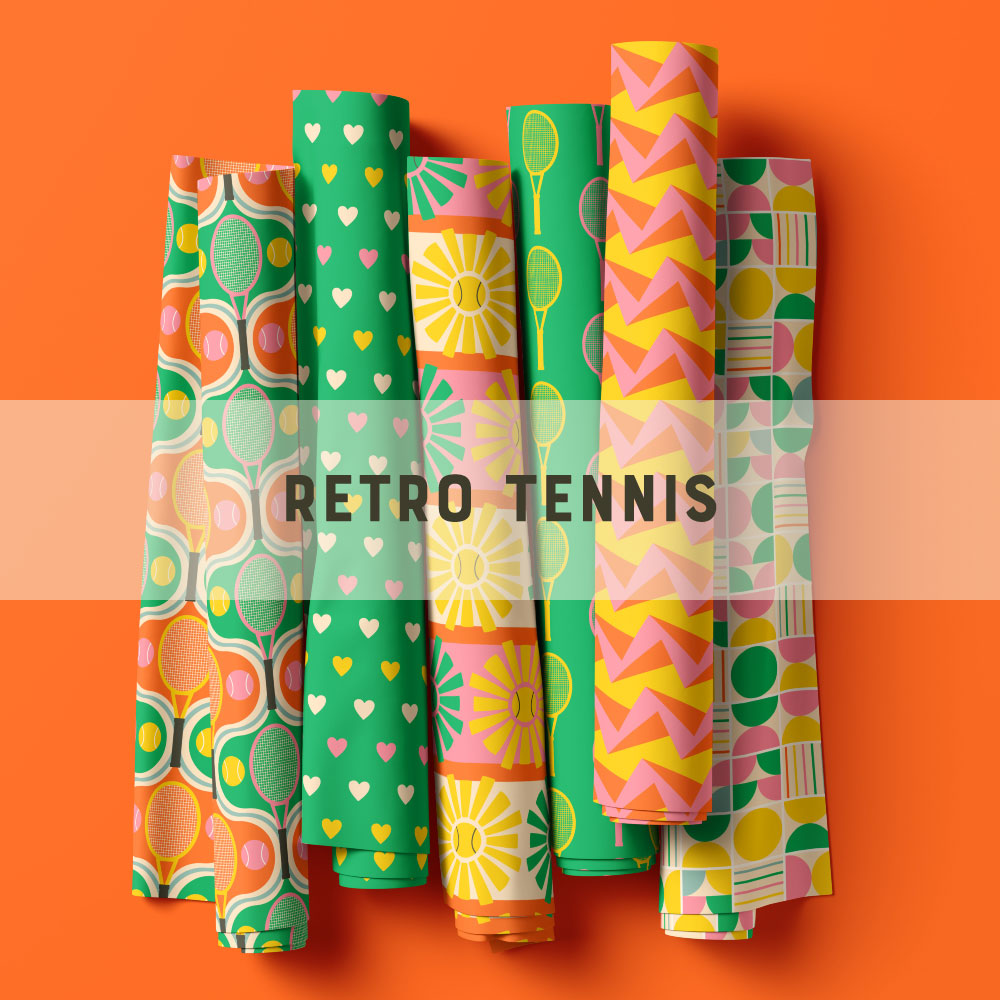 Collection preview of the "Retro Court Sports: Tennis" collection.
Very bold retro orange, grass green, happy yellow pink and beige designs. Tennis rackets in ogee shapes with tennis balls, geometric hearts, suns with a tennis ball in the middle, bold 3D zigazag lines and mid century modern geometric shapes in bold pink, green and yellow.