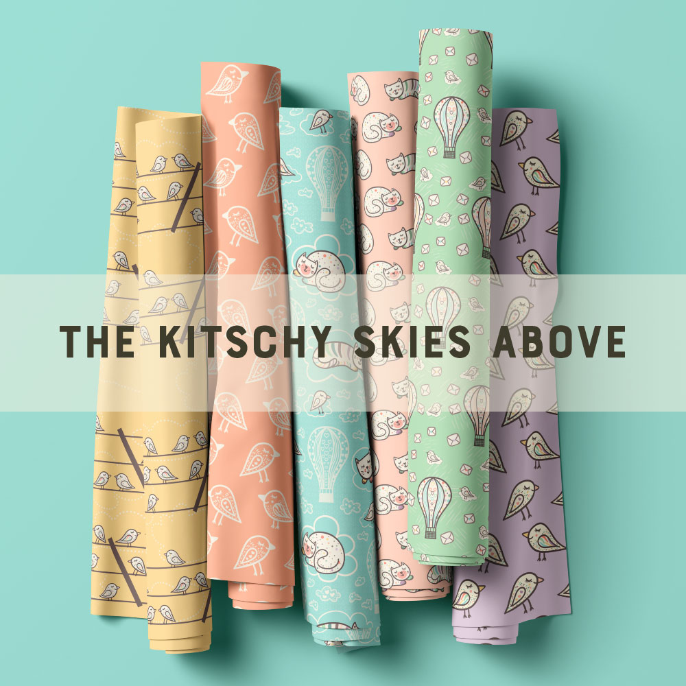 Collection preview of the "The kitschy skies above" collection. Hand-drawn sleeping cats, birds, hot air ballons and more on pastel kitschy backgrounds