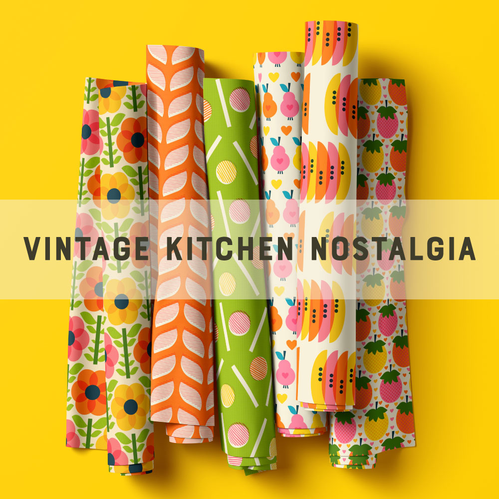 Preview of the "Vintage Kitchen Nostalgia" pattern collection.
Bold geometric yellow, pink and orange flowers with retro green foliage and texture on vintage beige white.
Abstract beige white leaves on bold retro orange.
Pink and yellow circles with stripes on bold green.
Pink, orange and yellow pears with hearts on beige white.
Pink, orange and yellow semicircles with dark dots on beige.
Pink, yellow and orange cherries in pairs with blue foliage on beige with diamond texture.