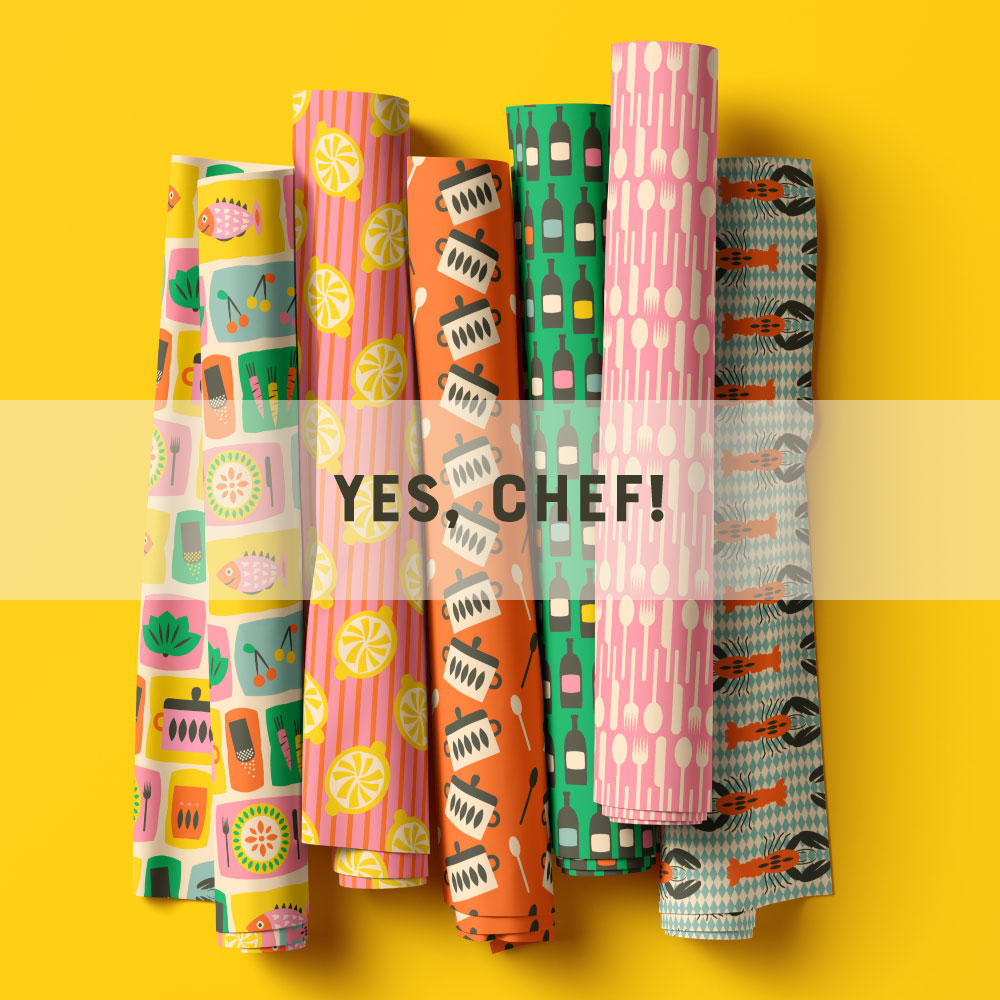 Preview for the "Yes, Chef" pattern collection. Kitchen and food inspired patterns in bold 1960s colours. Conversational pattern with fish, cherries, carrots, salt, plates and pots ond colourful background colour spots. Rough hand-drawn yellow lemons on vertical pink stripes. Beige white and dark grey pots with pattern on bold retro orange. Black bottles with colourful signs on grass green. Beige white cutlery on pink. Orange black lobsters on soft blue and beige white diamonds.