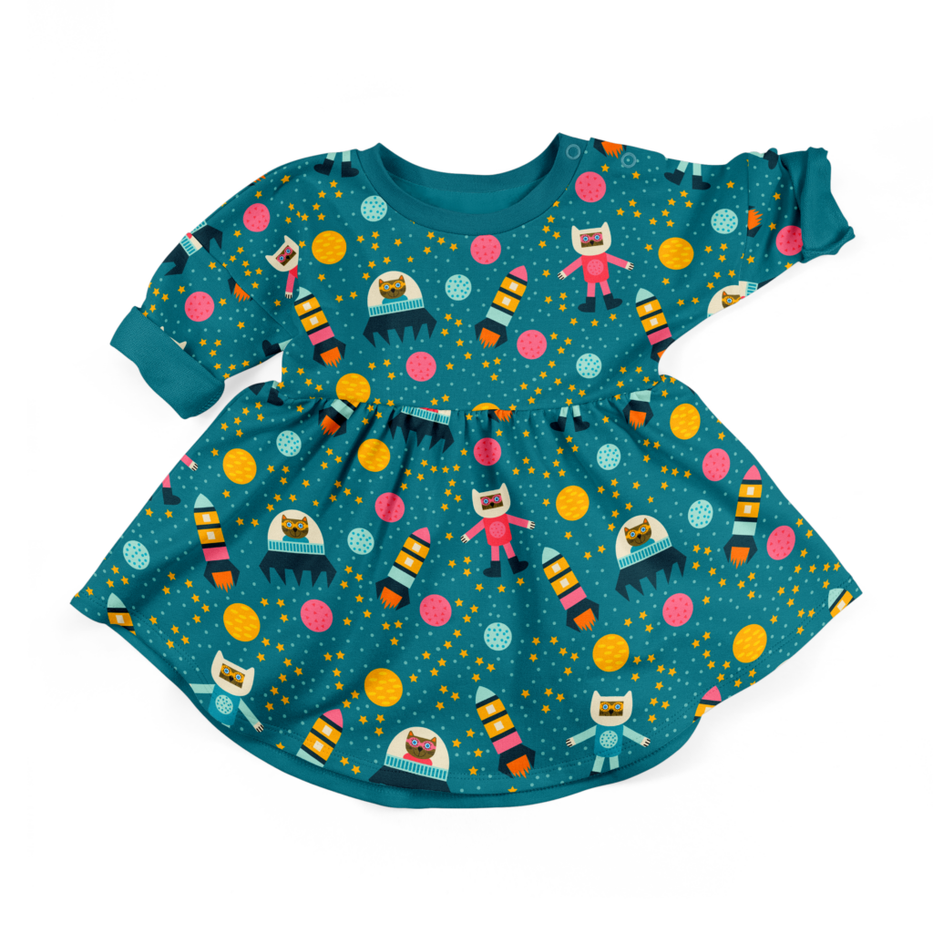 Long-sleeve dress with cats in outer space in a turquoise blue green colour palette.