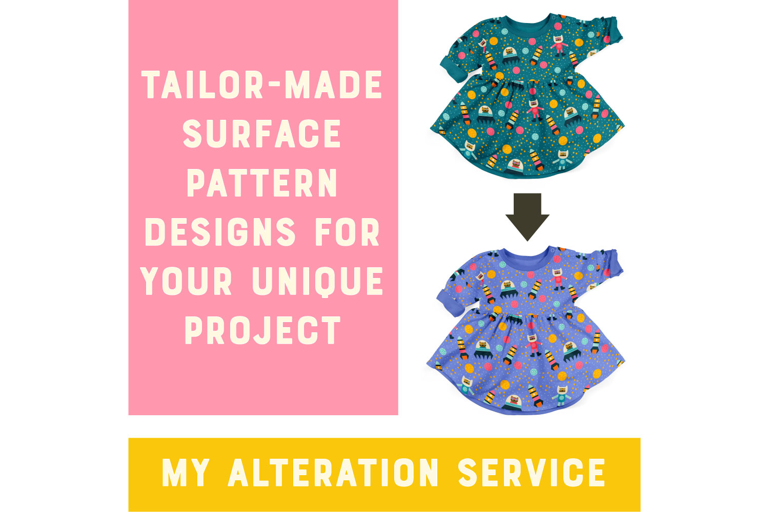 Chairs, shirts and dresses showing how a pattern can be altered by rotation, size rescaling and recolouring.