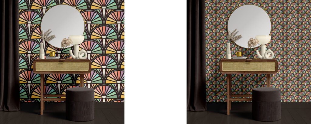 Stained glass effect kitschy rainbow coloured art deco style abstract flower wallpaper in a vintage style dressing room. On the left the wallpaper is in big scale, on the right side in - too - tiny scale.