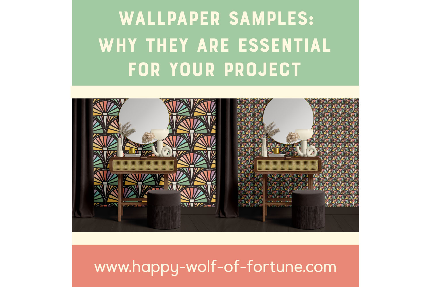 Preview for blog post: Wallpaper samples - Why they are essential for your project. The photos show an art deco style dressing room. On the first photo the wallpaper is in the right big scale. On the right photo the scale of the same wallpaper is much too tiny.