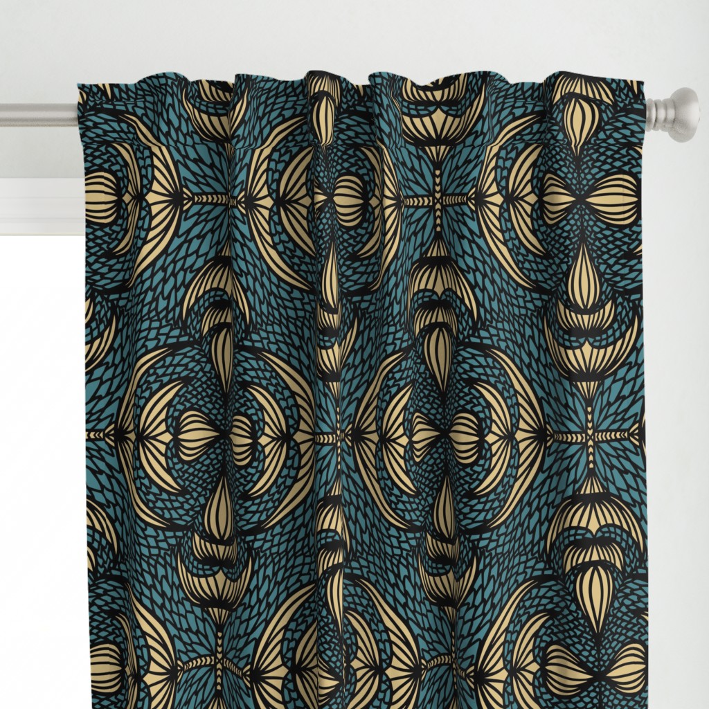 Matching curtains with teal blue brandy beige dragon scale pattern
