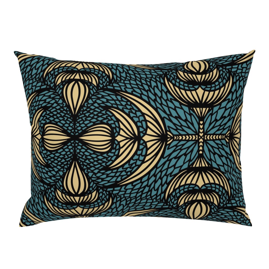 Matching pillow with teal blue brandy beige dragon scale pattern
