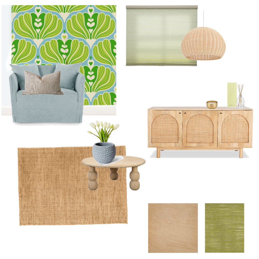 Scandinavian organic removable wallpaper featuring a green and blue heart flower pattern paired with light wood furniture, woven rug, and natural woven lamp in a modern living room setting.