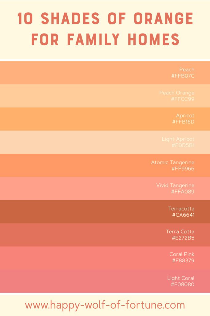 10 shades of orange for family homes: peach, peach orange, apricot, light apricot, atomic tangerine, vivid tangerine, terracotta, terra cotta, coral pink, light coral