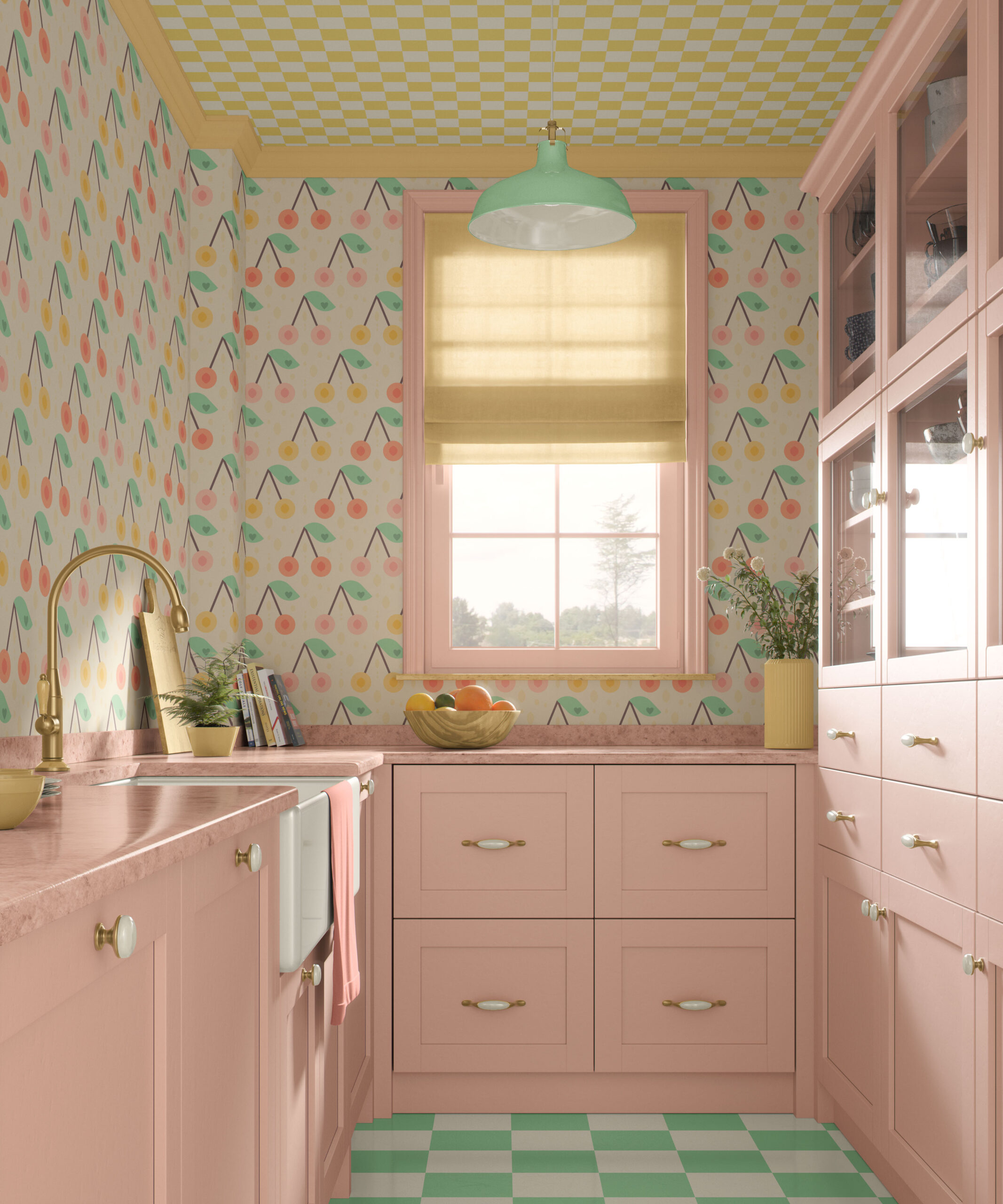 Wallpaper featuring a pastel pink and yellow fruit pattern with cherries in a retro modern kitchen setting with pink cabinetry, brass hardware, a yellow checkered ceiling, mint green pendant light, and green-and-white checkered floor.
