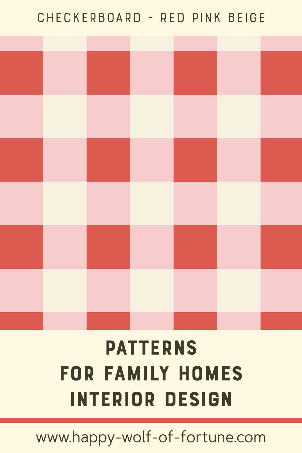 Pattern swatch showing a coral red, soft pink and beige white gingham check pattern