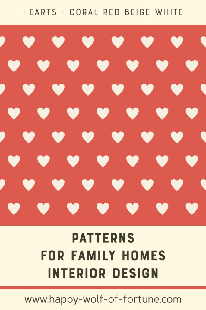 Coral red peel and stick wallpaper featuring a repeating heart pattern in beige and white, suitable for family rooms or nurseries. No furniture shown; pattern emphasizes a warm, playful vibe ideal for mid-century modern or Scandinavian interiors.