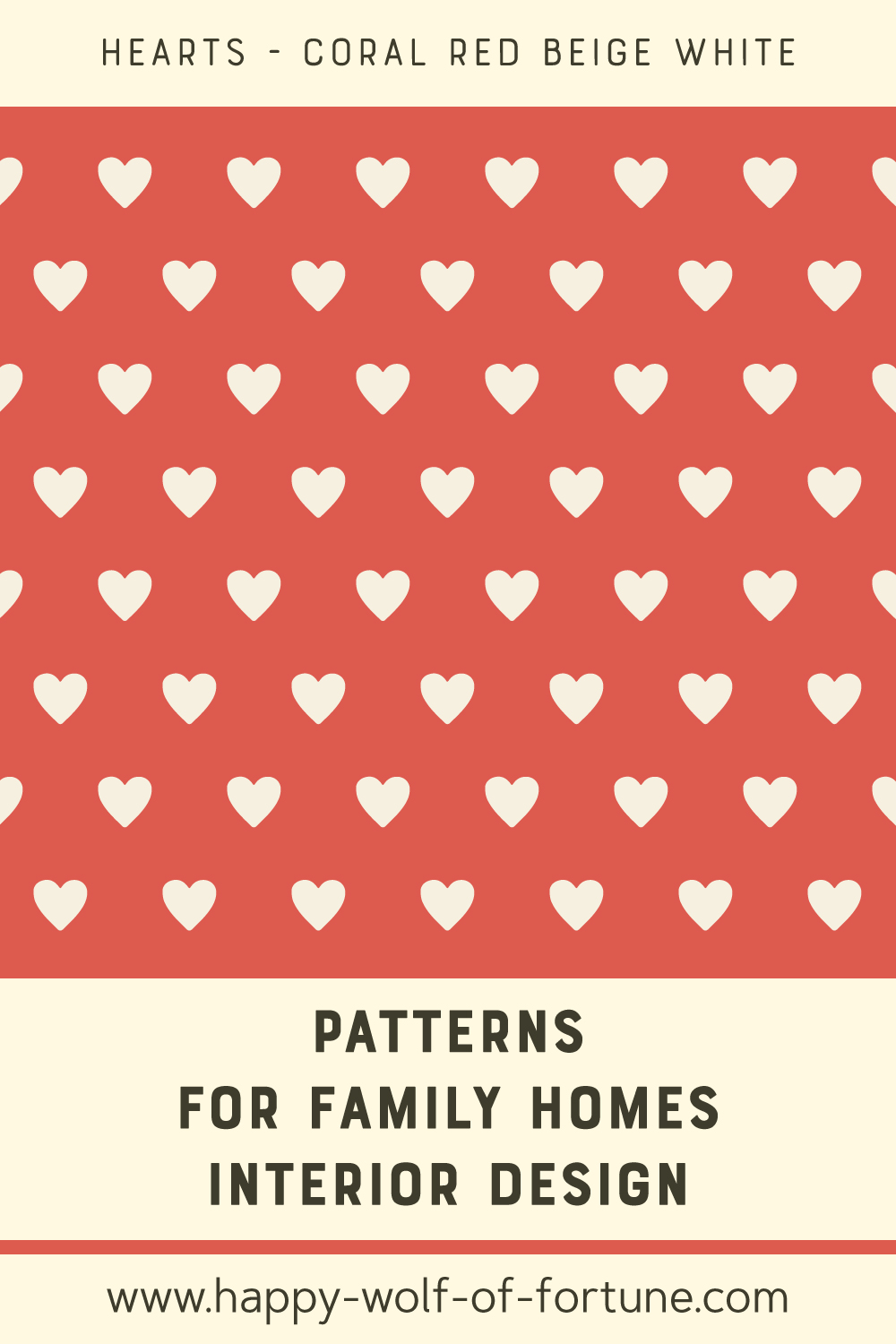Pattern swatch showing little geometric vintage beige white hearts in regular lines on coral red