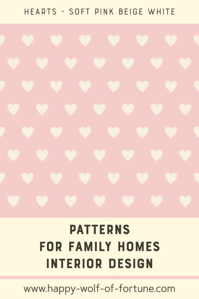 Soft pink peel and stick wallpaper with beige and white heart patterns, styled for family-friendly interiors. The swatch shows a simple repeating heart print in muted soft pink and vintage beige white, suitable for nurseries or kids’ rooms. No furniture is visible in this wallpaper pattern image.