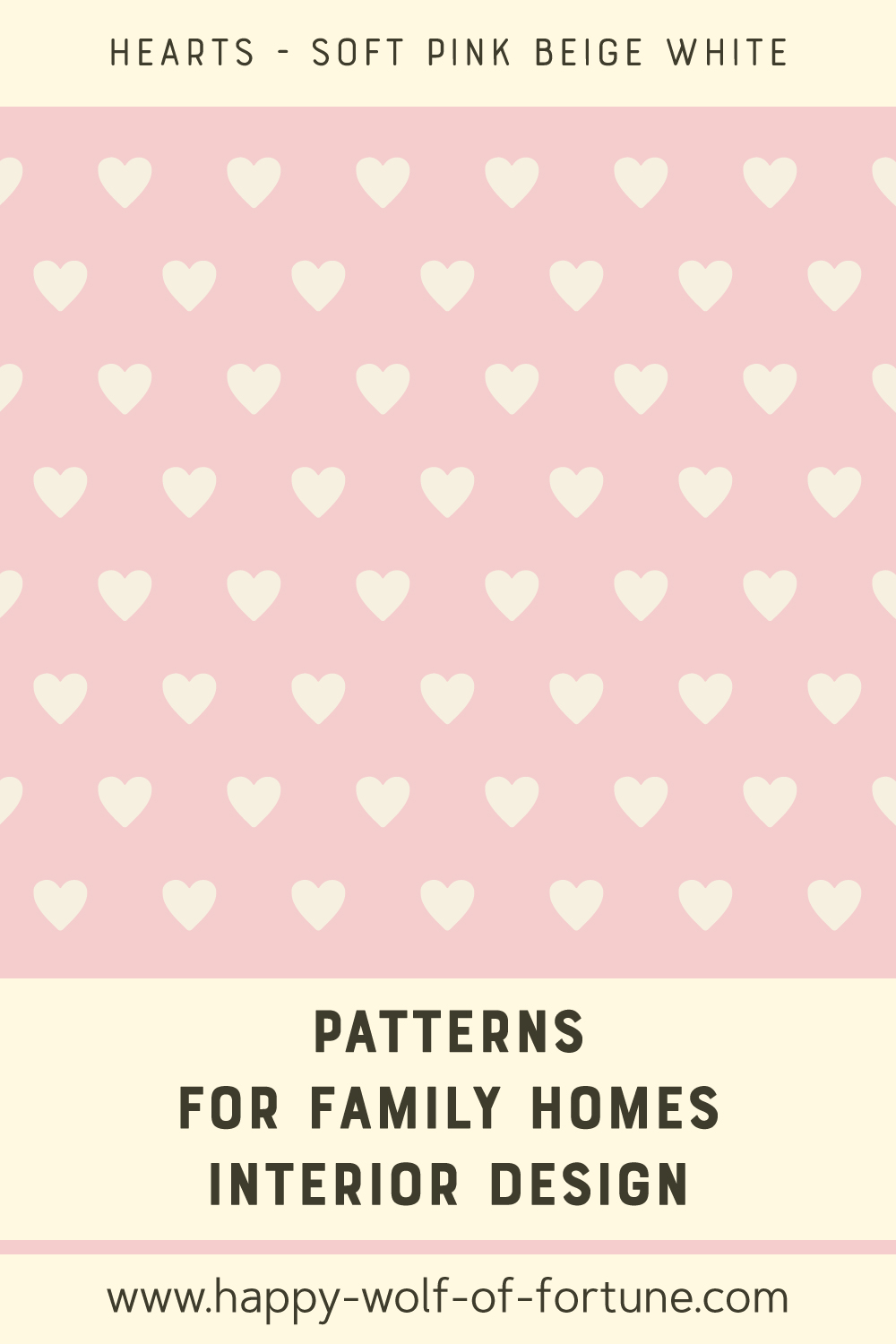 Pattern swatch showing little geometric vintage beige white hearts in regular lines on soft pink