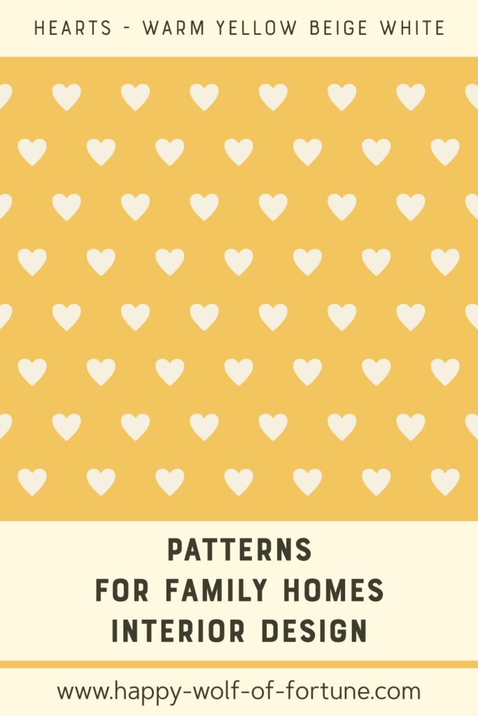 Peel and stick wallpaper in warm yellow with a repeating pattern of beige-white heart shapes, shown on a flat background suitable for family rooms or nurseries with a cozy, modern aesthetic.