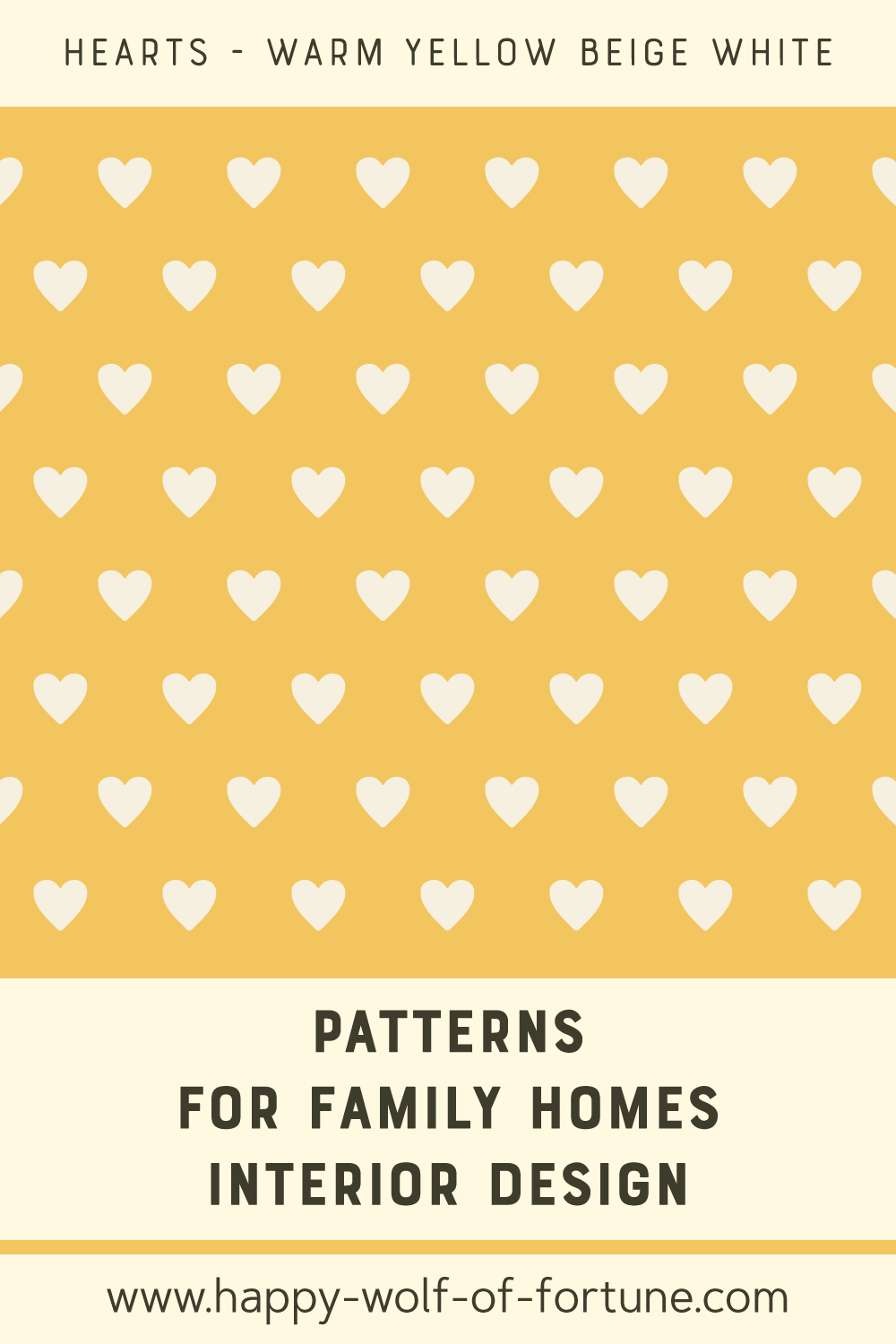 Pattern swatch showing little geometric vintage beige white hearts in regular lines on sand yellow