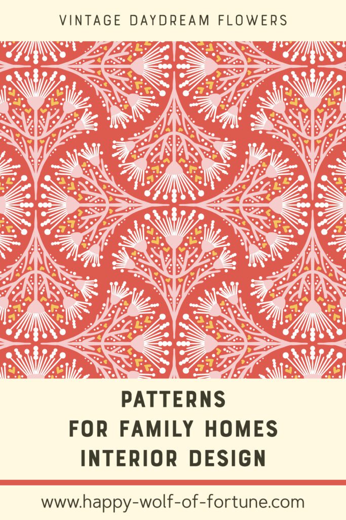 Peel and stick wallpaper in retro floral style with coral, pink, beige, and yellow colors; pattern features stylized flower clusters with dot details on a warm coral background.