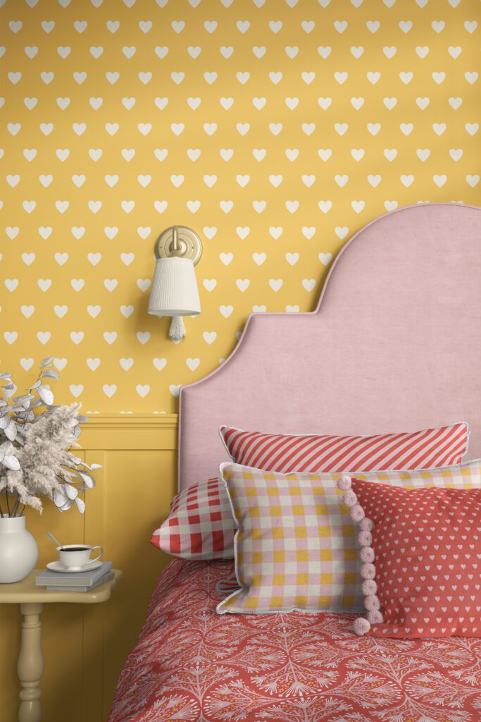 Vintage-style peel and stick wallpaper in warm yellow with a repeating pattern of small white hearts, styled in a bedroom with a soft pink upholstered headboard, layered coral red and checkered pillows, a beige nightstand with books and a coffee cup, and a white wall sconce.