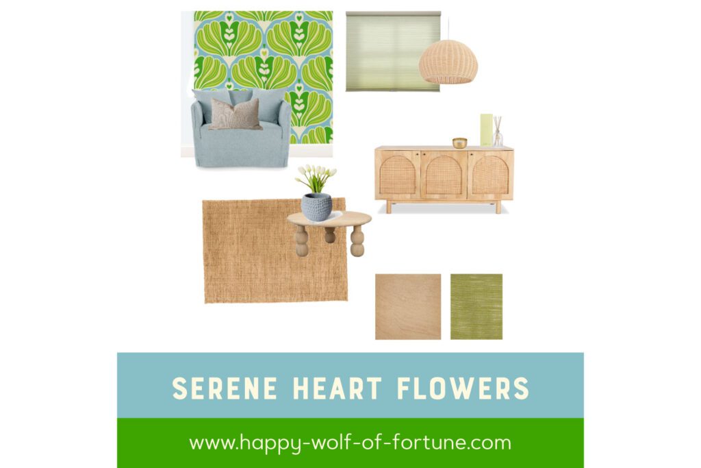 Cover design : Scandinavian organic removable wallpaper featuring a green and blue heart flower pattern paired with light wood furniture, woven rug, and natural woven lamp in a modern living room setting.