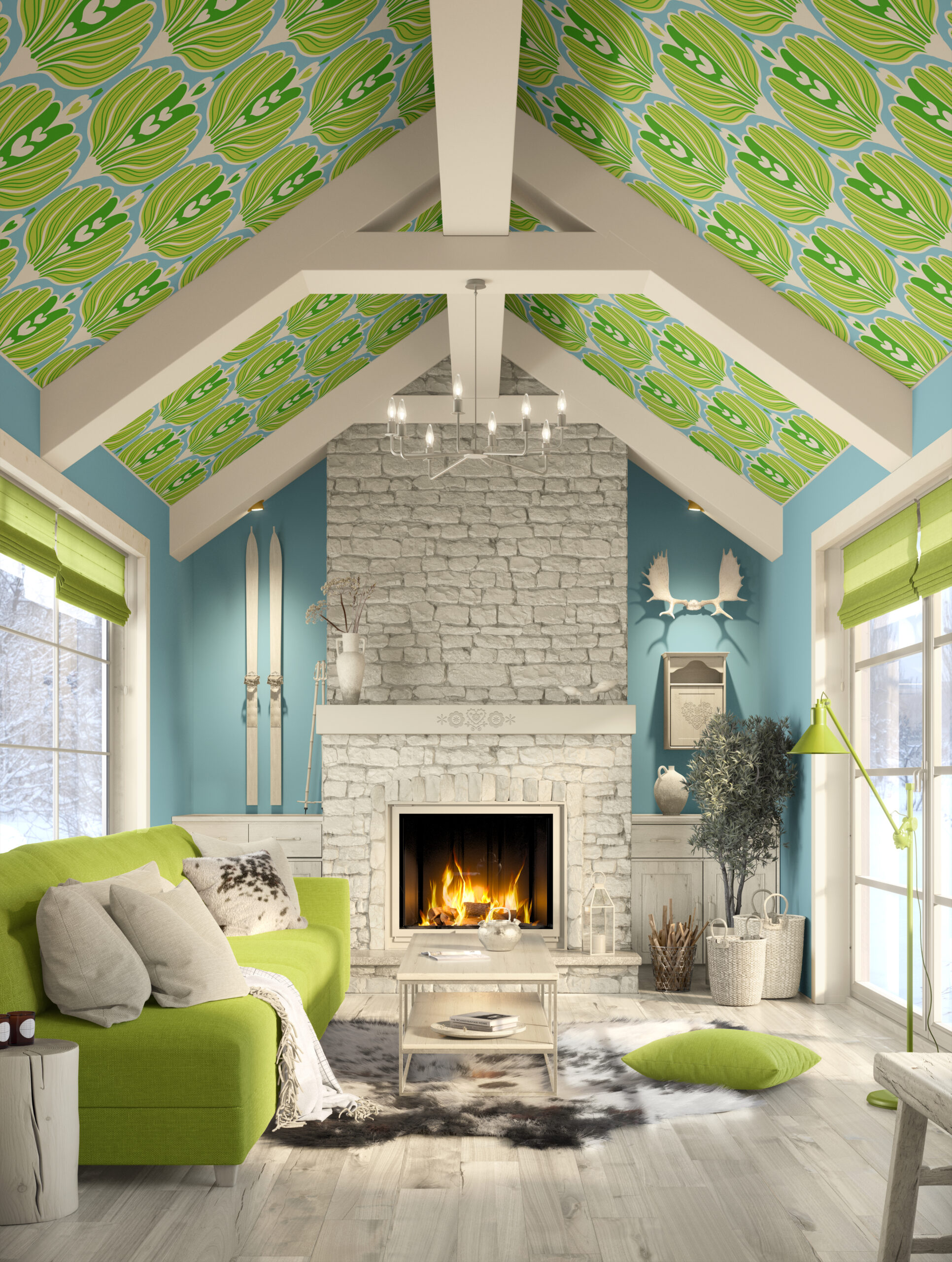 A Scandinavian rustic living room featuring vaulted ceilings covered with removable wallpaper in a green floral pattern on a blue background. The space has a stone fireplace, light wood floors, a green sofa, and natural decor accents including baskets, a floor lamp, and wall-mounted skis.