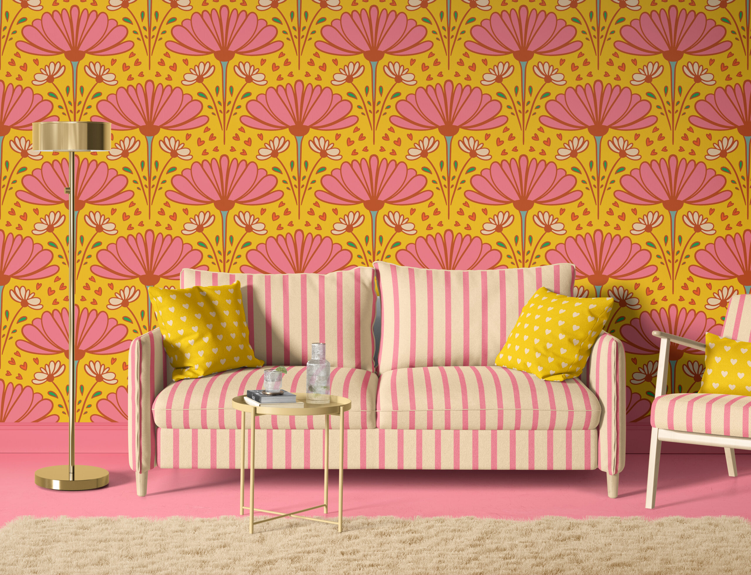 Living room with a bold retro grass green flora and a wall decorated with soft pink and beige white grid wallpaper. In the middle you see a bold retro 1970s orange and yellow sofa, accompanied by a yellow floor lamp and a flower vase with a green leaf in it.
On the wall there are two picture frames with wallpaper in it . One has a bold retro orange, grass green and yellow pattern with tennis clubs and balls. The other pattern features abstract green and yellow suns with tennis balls on a pink white horizontally striped background.