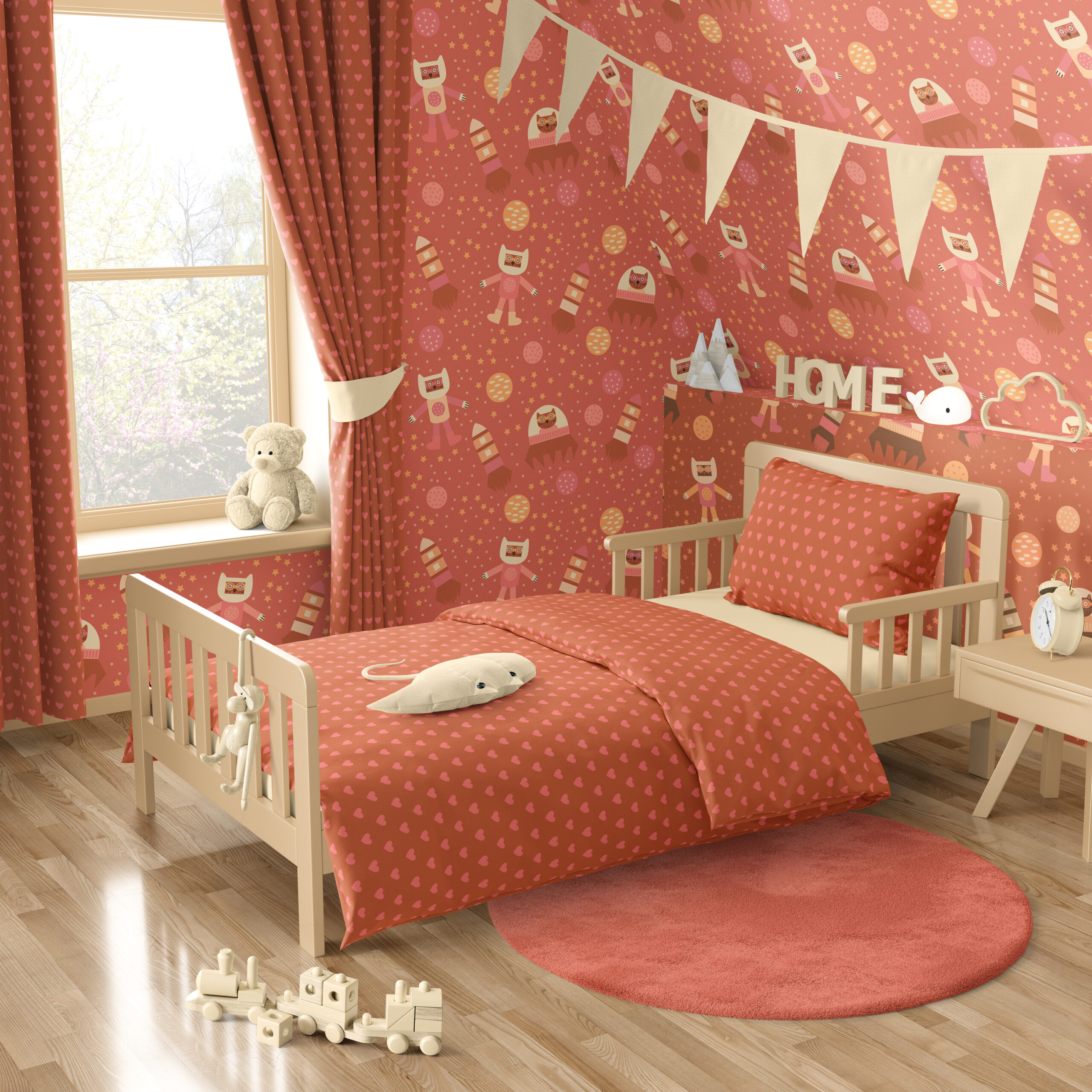 A toddler bedroom styled with warm orange removable wallpaper featuring whimsical cats in space suits, rockets, stars, and planets. The room includes matching heart-patterned curtains and bedding, a light wood toddler bed, soft toys, and simple neutral-colored décor elements.