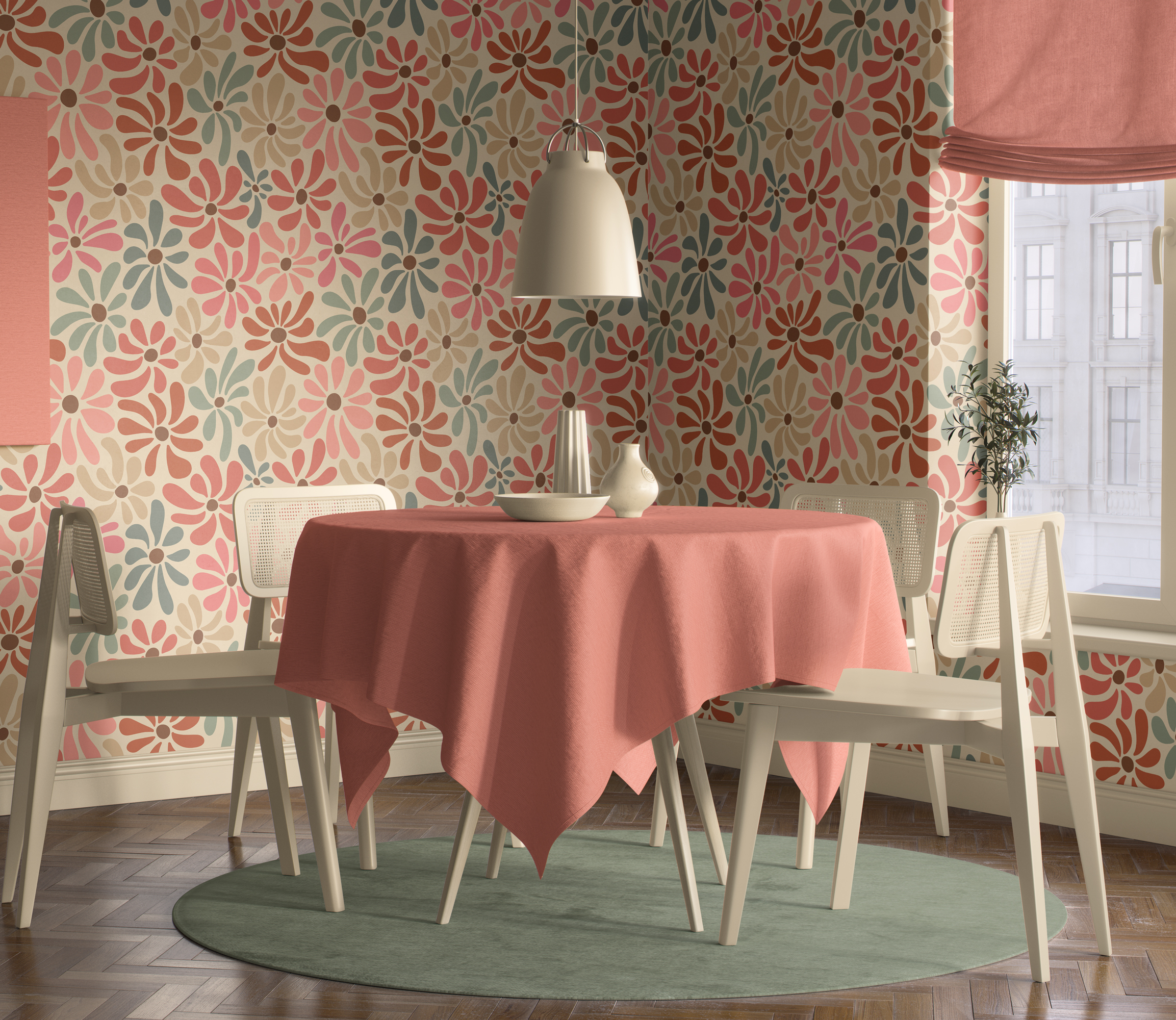 Dining room with mid-century modern style featuring removable floral wallpaper in sage green, beige, and pink tones. The wallpaper has an organic petal pattern covering the walls, complemented by a round table with a coral pink tablecloth, white modern chairs, a hanging white pendant light, and a green circular rug on wood parquet flooring.