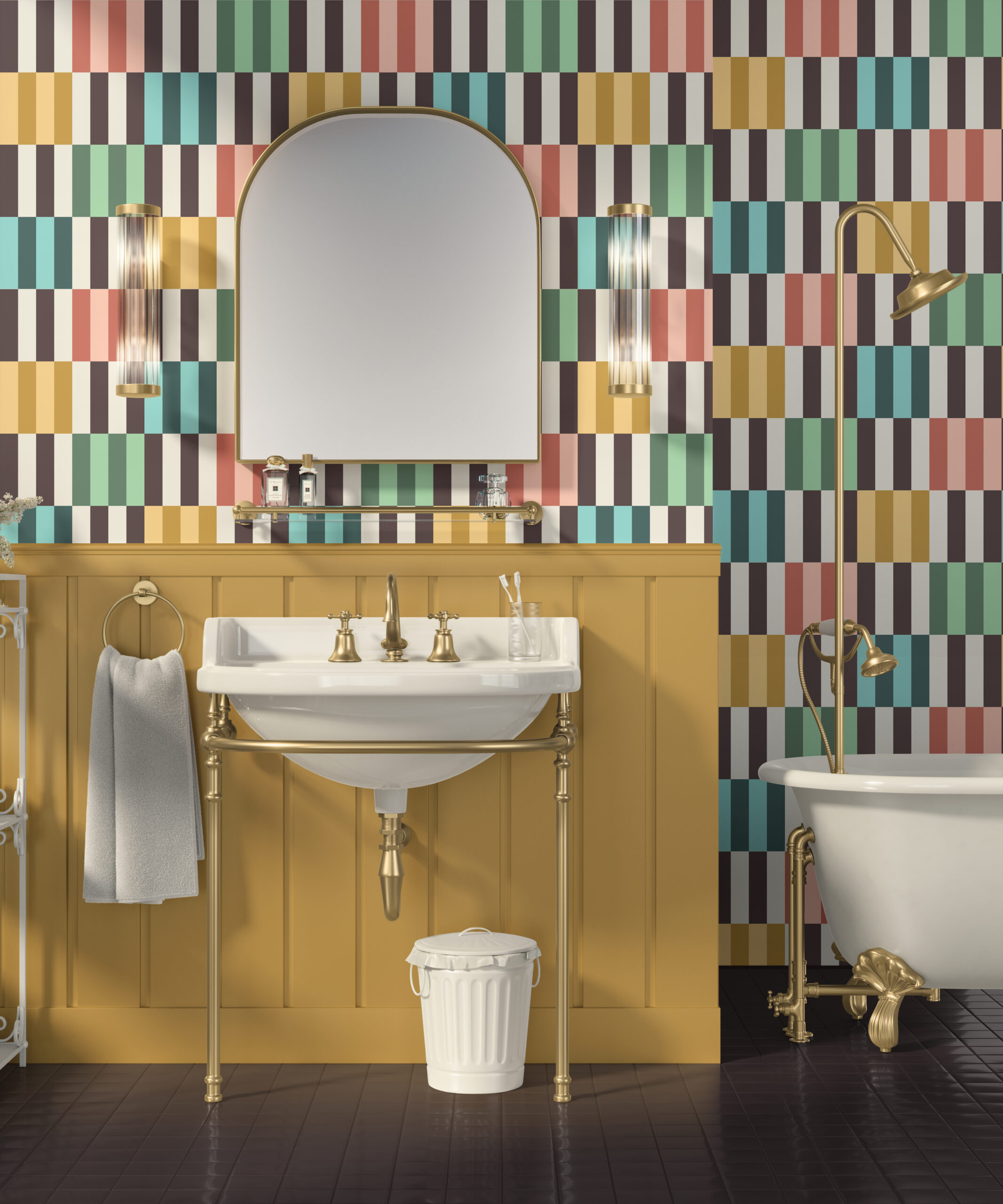 A Scandinavian rustic living room featuring vaulted ceilings covered with removable wallpaper in a green floral pattern on a blue background. The space has a stone fireplace, light wood floors, a green sofa, and natural decor accents including baskets, a floor lamp, and wall-mounted skis.