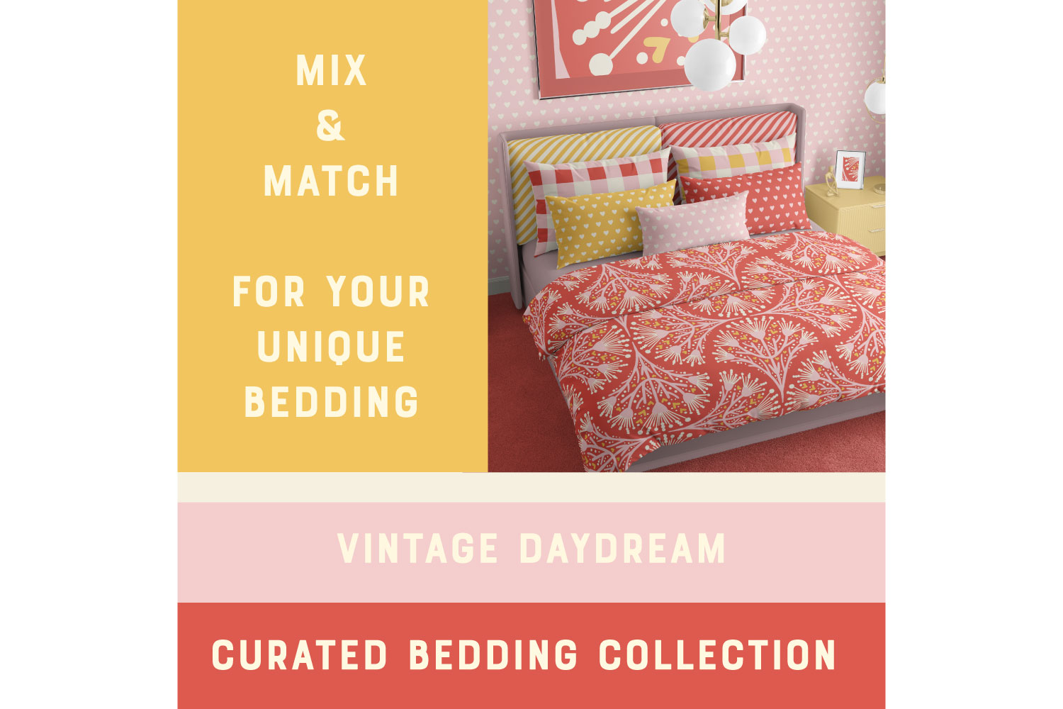 Vintage-Daydream—Currated-Bedding-Collection-1 Vintage-inspired wallpaper with small white heart pattern shown in a bedroom setting featuring a bed with mix-and-match patterned pillows and a floral duvet cover; yellow side table and modern pendant lights complete the cozy, retro style room.