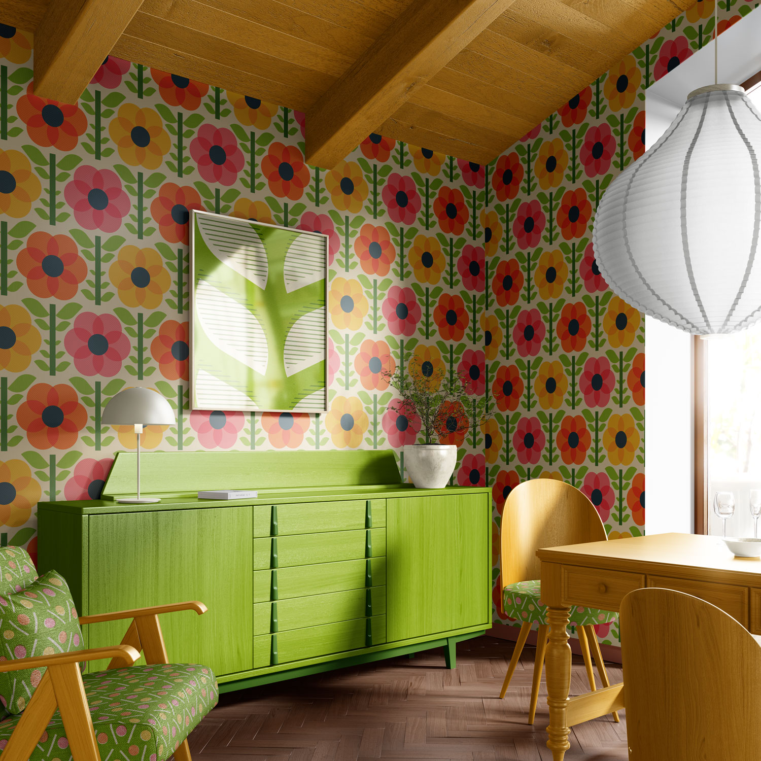 Retro-Dining-Corner-Wallpaper---Retro-1970s-geometric-flowers Retro style living room corner with bold midcentury modern designs