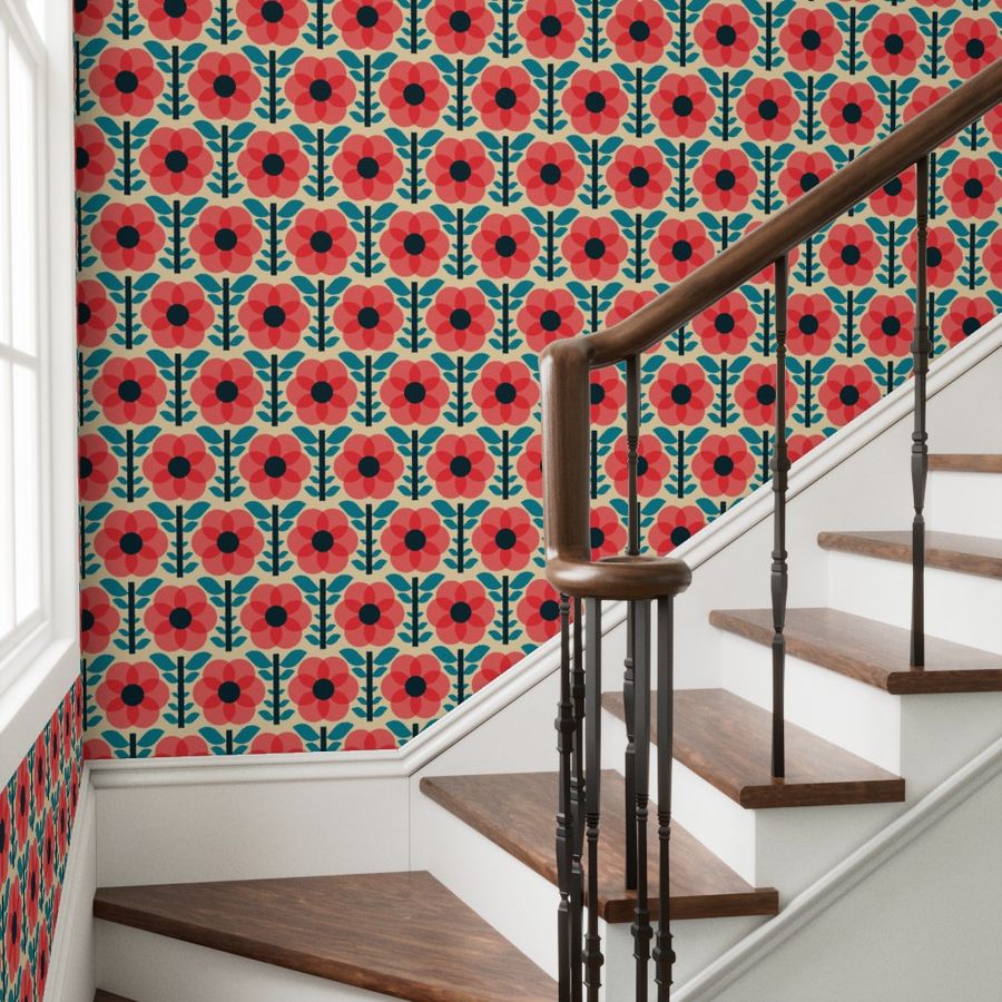 Staircase wallpaper with midcentury modern geometric flowers in pink with teal blue foliage