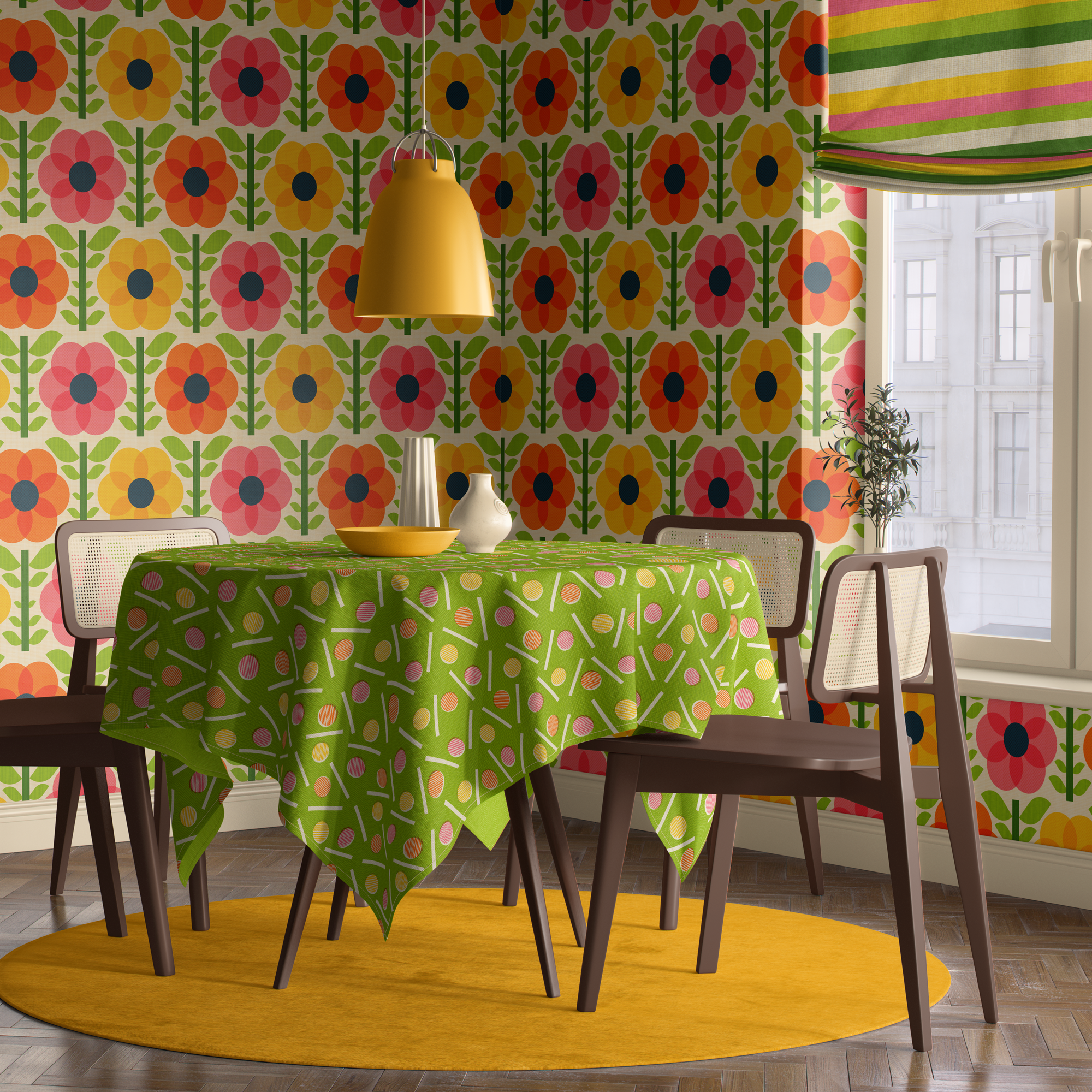 Townhouse-Dining-Room-Tablecloth---Vintage-1970s-geometric-kitchen-flowers---pink-yellow-orange-green-Q