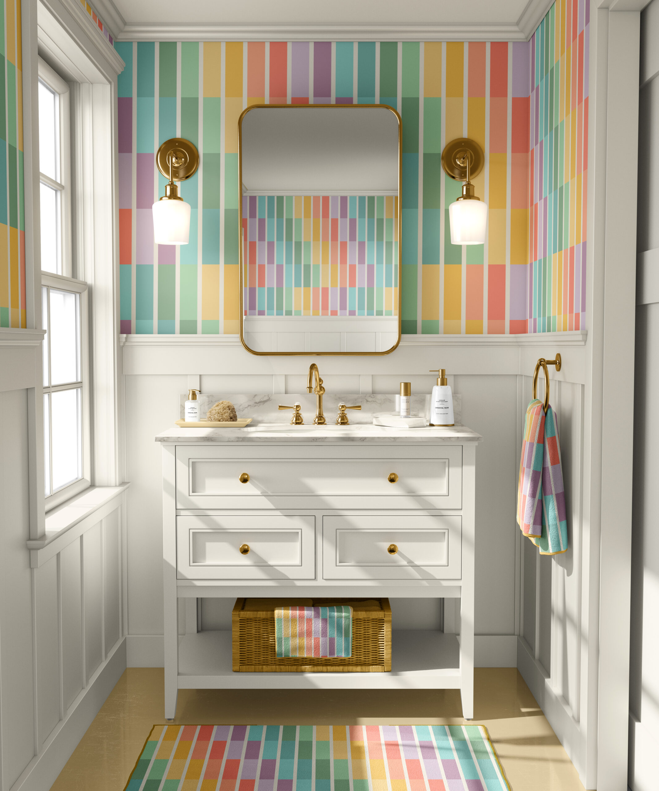 Inspirational photo of a vintage bathroom in white with kitschy 1950s pastel rainbow stripes pattern wallpaper