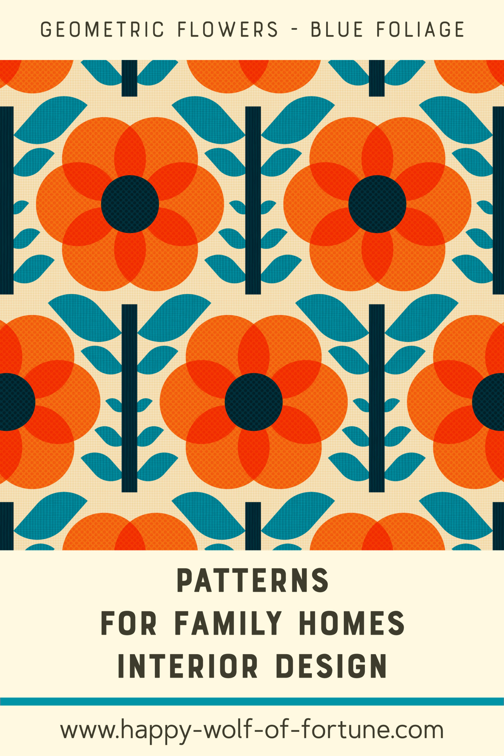 Pattern Swatches - midcentury modern geometric flowers 1970s orange - textured - blue foliage - Wallpaper for family homes interior design-02 Swatch with seamless pattern for family homes interior design showing textured midcentury modern bold 1970s pumpkin orange geometric flowers with teal blue foliage