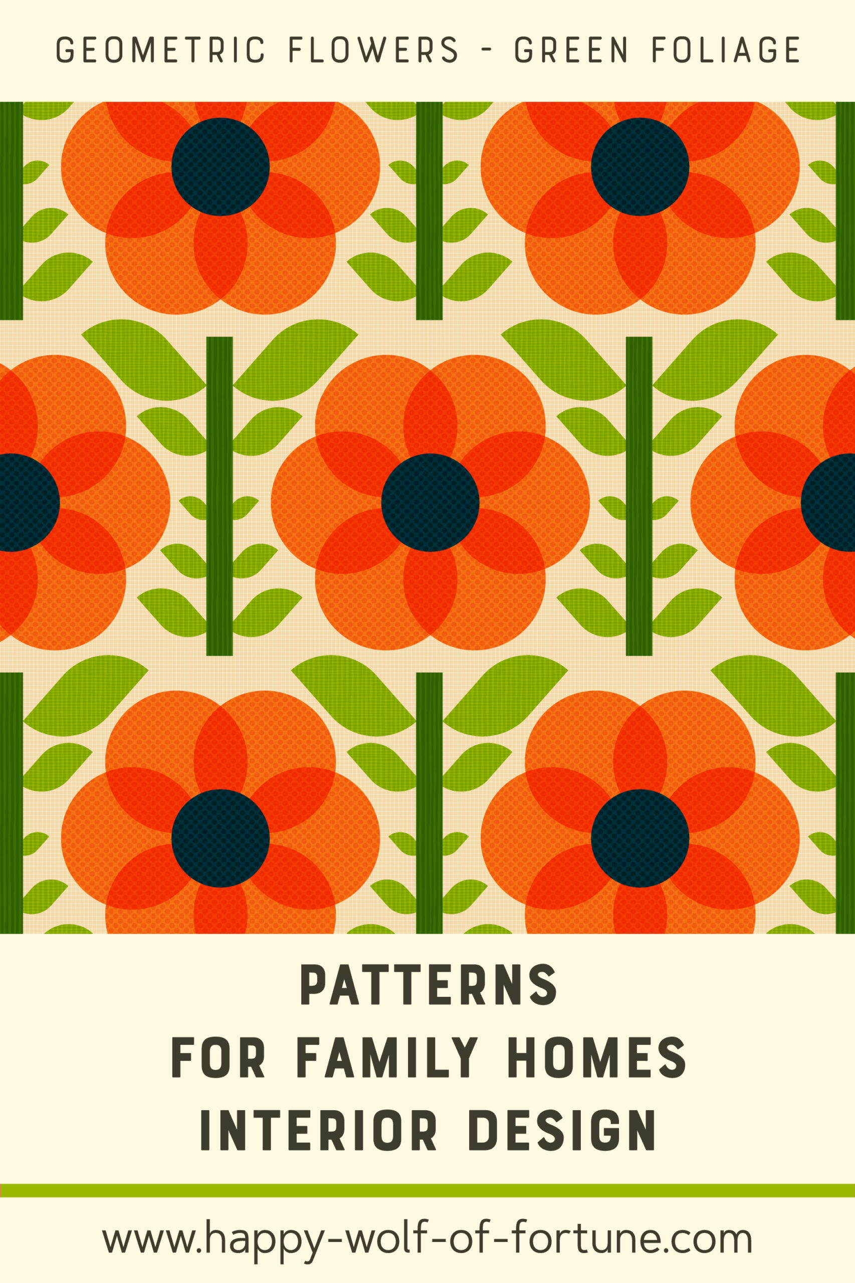 Pattern Swatches - midcentury modern geometric flowers 1970s orange - textured - green foliage - Wallpaper for family homes interior design-02 Swatch with seamless pattern for family homes interior design showing textured midcentury modern bold 1970s pumpkin orange geometric flowers with dark lime green foliage