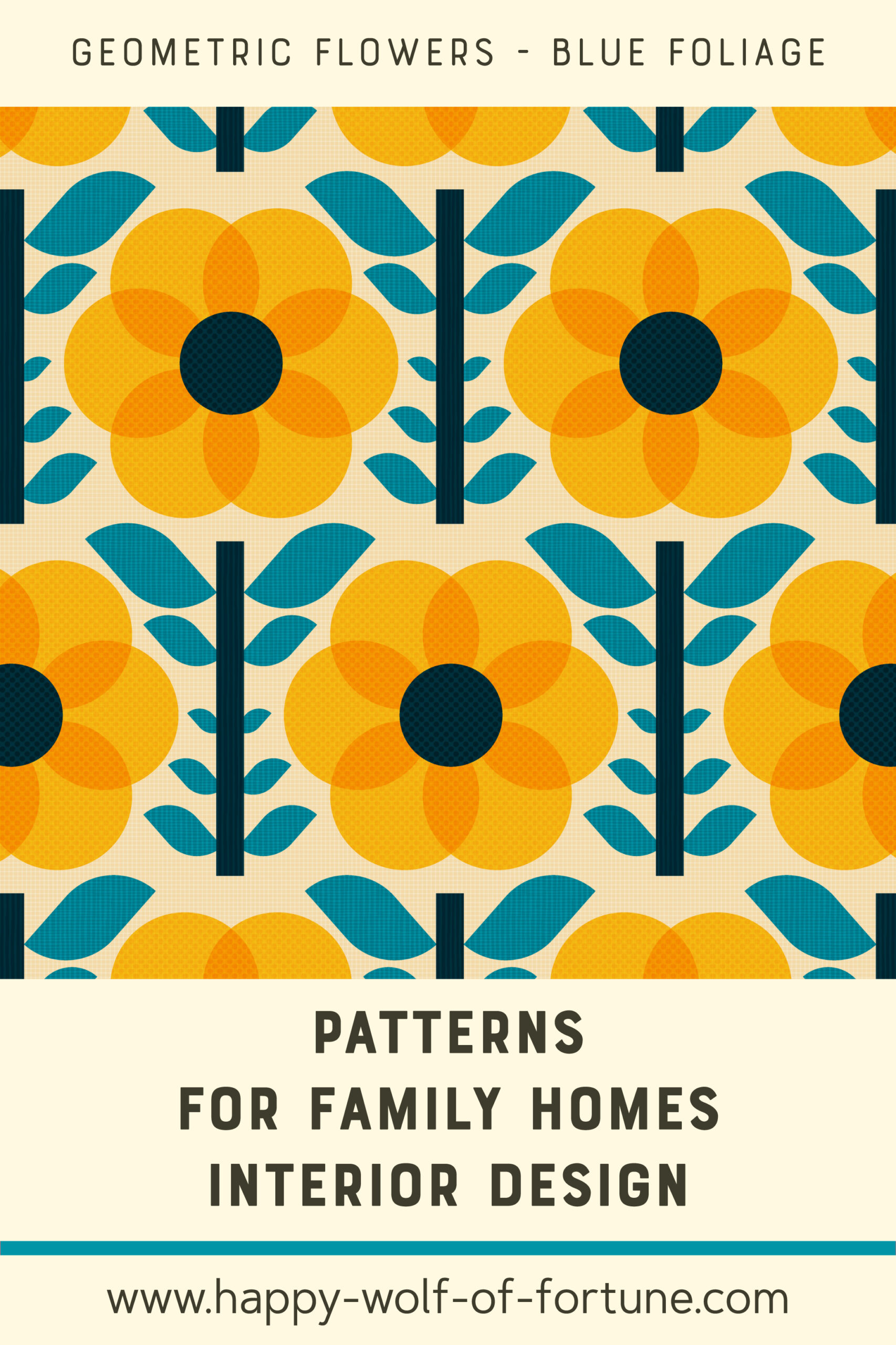 Pattern Swatches - midcentury modern geometric flowers citrine yellow - textured - blue foliage - Wallpaper for family homes interior design-02 Swatch with seamless pattern for family homes interior design showing textured midcentury modern bold citrine yellow geometric flowers with teal blue foliage