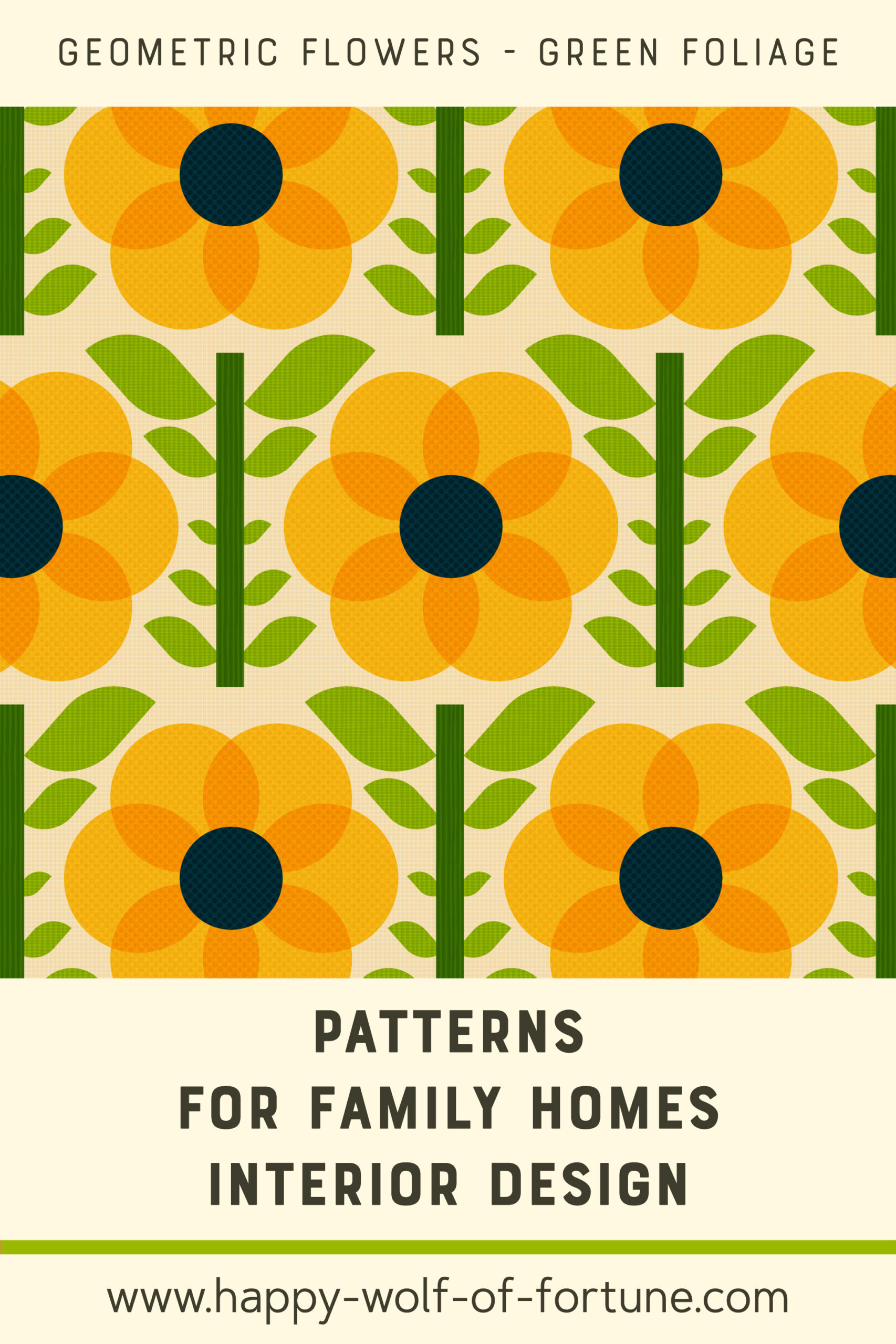 Pattern Swatches - midcentury modern geometric flowers citrine yellow - textured - green foliage - Wallpaper for family homes interior design-02 Swatch with seamless pattern for family homes interior design showing textured midcentury modern bold citrine yellow geometric flowers with green foliage
