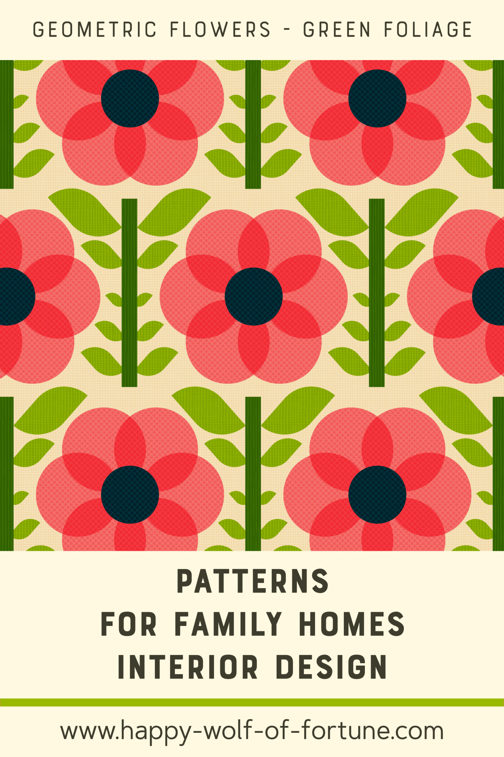 Pattern Swatches - midcentury modern geometric flowers pink - textured - green foliage - Wallpaper for family homes interior design-02 Swatch with seamless pattern for family homes interior design showing textured midcentury modern bold watermelon pink geometric flowers with green foliage