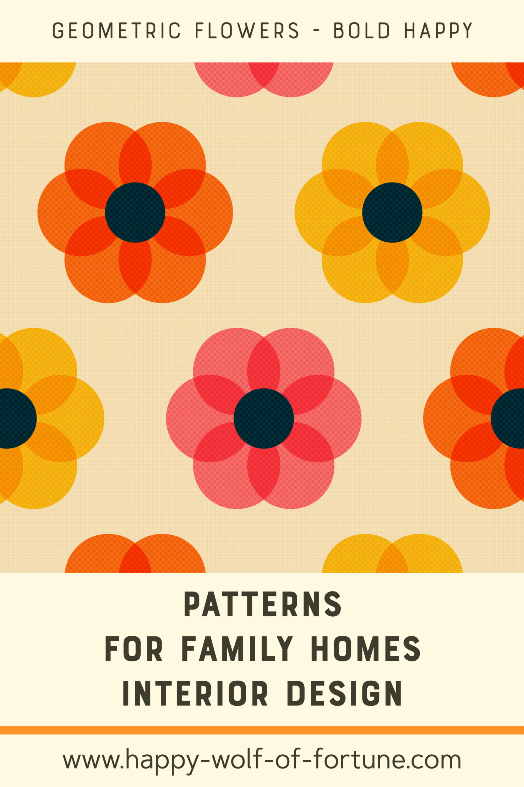 Pattern Swatches - midcentury modern geometric flowers pink yellow orange - textured - Wallpaper for family homes interior design-02 Swatch with seamless pattern for family homes interior design showing textured midcentury modern bold 1970s pumpkin orange, citrine yellow and watermelon pink geometric flowers