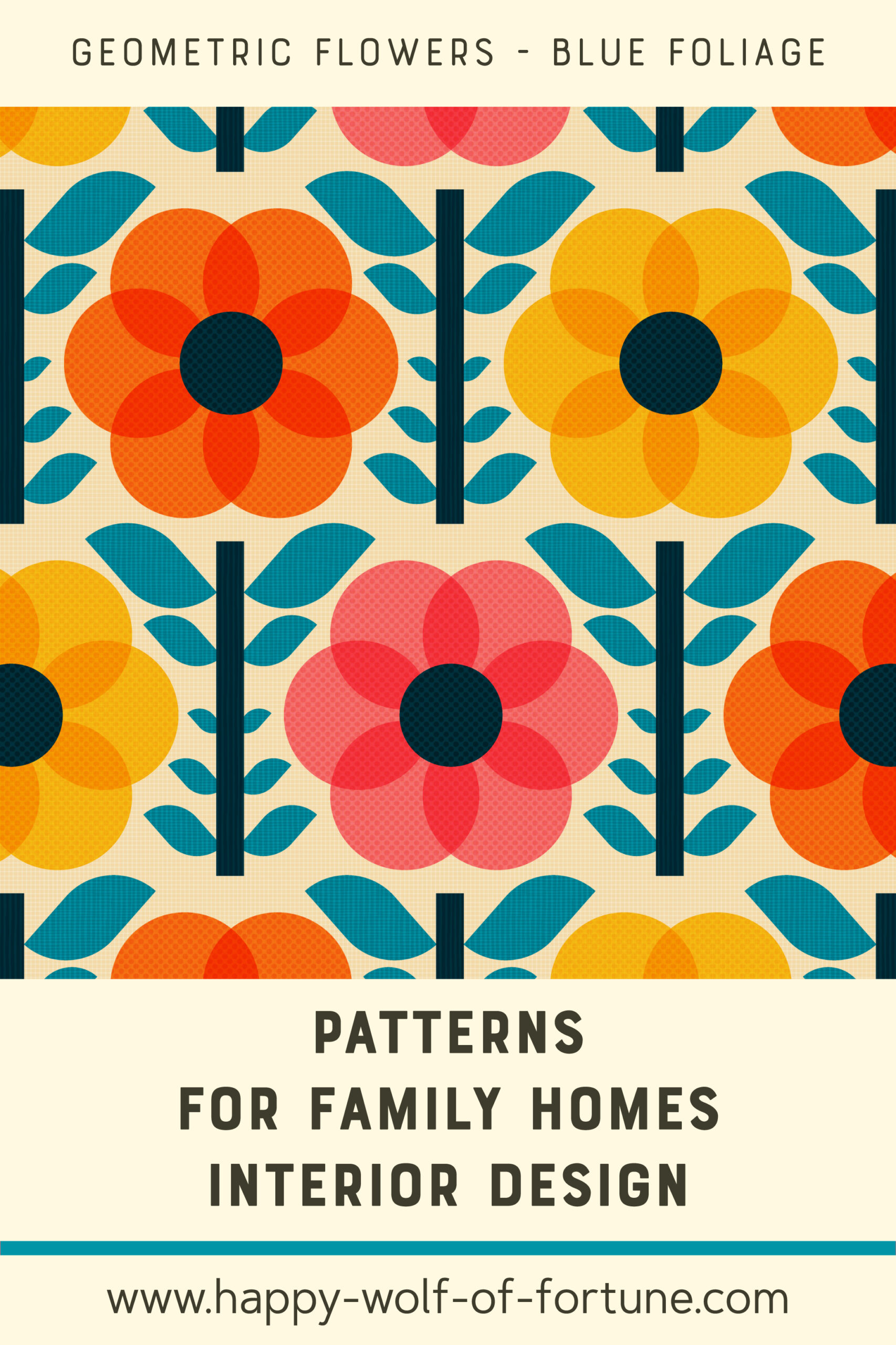 Pattern Swatches - midcentury modern geometric flowers - textured - blue foliage - Wallpaper for family homes interior design-02 Swatch with seamless pattern for family homes interior design showing textured midcentury modern bold 1970s pumpkin orange, citrine yellow and watermelon pink geometric flowers with teal blue foliage