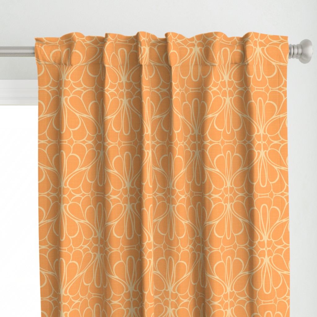 Beige symmetrical organic lines on warm apricot orange curtains hanging on a white rod in a bright room. The pattern reflects Art Deco and New Heritage style with polished, rhythmic linework.