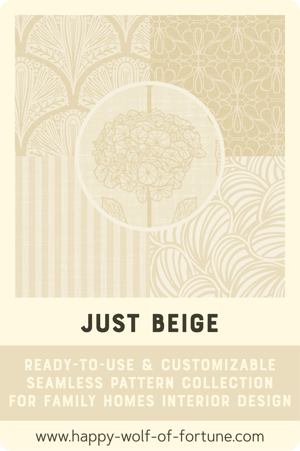 Preview of a pattern collection called "Just Beige" with elegant luxury patterns in merino and flax beige with linen texture