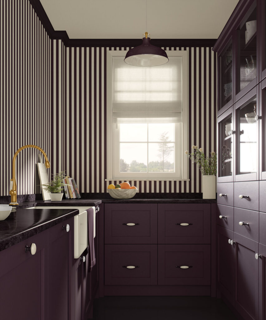 Modern townhouse dining room with deep plum traditional non-pasted wallpaper featuring large cream graphic flowers, a round table covered in a matching aubergine tablecloth, light wood and cane chairs, a white pendant light, and a big window with neutral Roman shade.